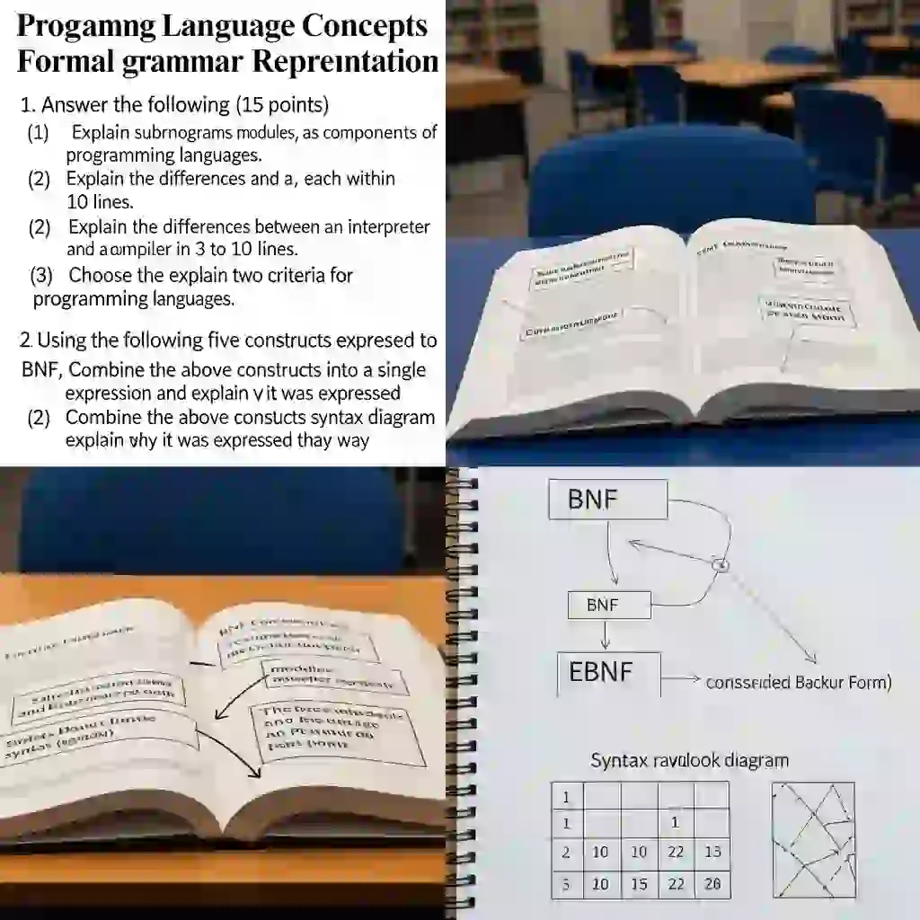 1. 다음에 대해 답하시오 (15점)
(1) 프로그래밍 언어의 구성 요소 중 서브프로그램, 모듈을 각각 10줄 이내로 설명하시오
(2) 인터프리터와 컴파일러의 차이점을 3줄 이상 10줄 이하로 설명하시오.
(3) 프로그래밍 언어의 평가 기준 중 두 가지만 선택하여 설명하시오.
2 BNF로 표현된 다음 다섯 개의 구문을 이용하여 다음에 대해 답하시오 (15점)
(1) 위 구문을 하나의 EBNF로 합쳐 표현하고 그렇게 표현한 이유를 설명하시오
(2) 위 구문을 하나의 구문 도표로 합쳐 표현하고 그렇게 표현한 이유를 설명하시오.에 대한 상징적인 이미지