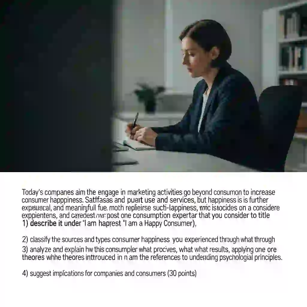 오늘날 기업은 소비자만족을 넘어 소비자행복을 증가시킬 수 있는 마케팅활동을 펼치고자 한다. 만족은 제품과 서비스의 구매와 이용으로부터 창출되지만, 행복은 이 외에도 더욱 주관적, 경험적, 의미적으로 확장된 개념이다. 이처럼 다층적 분석 이 필요한 소비자행복 개념을 이해하기 위해, 본인의 최근 1년 간 소비 중 가장 행복한 소비였다고 생각하는 한 가지 소비 경험을 선택하여, 1) "나는 행복한 소비자"라는 제목으로 서술하고, 2) 아래 제시한 참고문헌의 내용을 토대로 본인이 경험한 소비자행복의 원천과 유형을 분류하고, 3)해당 소비가 어떤 동기, 어떤 과정, 어떤 결과를 통해 본인에게 행복을 창출한 것인지에 관해 그 기저의 심리적 원리를 참고문헌에 소개된 이론 중 한 가지 이상의 이론을 적용하여 분석 및 설명한 후, 4) 기업과 소비자에게 주는 시사점을 제시하시오. (30점)에 대한 상징적인 이미지