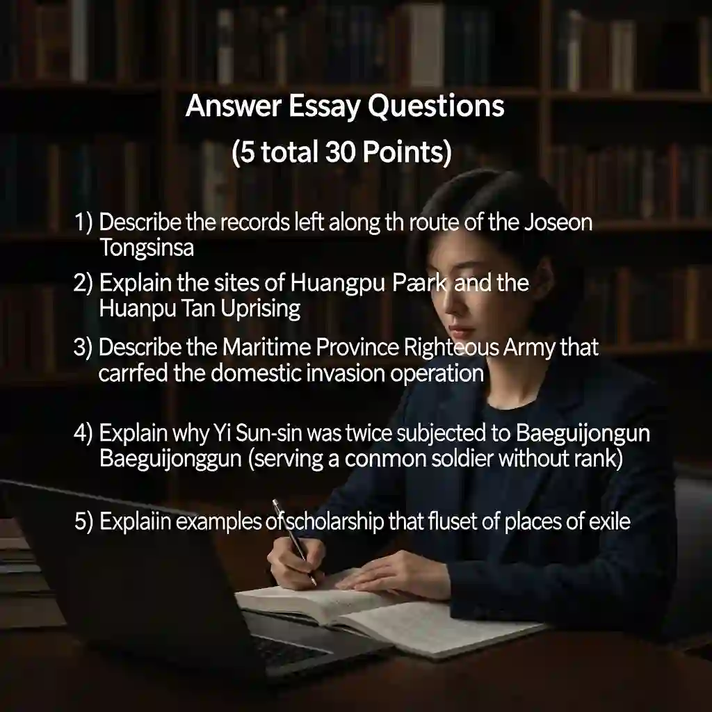 아래 문제에 대해 각각 서술해주세요(총 5문제, 문제별 6점. 총 30점 만점).
※ 요약한 교재의 부분을 문제별로 표기할 것(과제 작성 시 지시사항 내용 참조).
(1) 조선통신사의 노정에서 남겨진 기록물에 관하여 서술해주세요.
(2) 황푸공원과 황포탄 의거'의 현장에 관하여 설명해주세요.
(3) 국내진공작전을 펼친 연해주의병에 관해서 서술해주세요.
(4) 이순신이 왜 두 차례 백의종군을 당했는지 설명해주세요.
(5) 유배지에서 꽃피운 학문의 사례를 설명해주세요.에 대한 상징적인 이미지