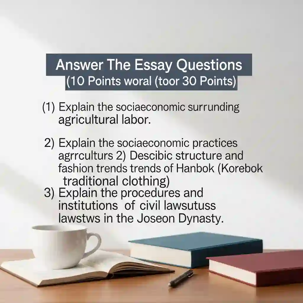 아래 문제에 대해 각각 서술해주세요(총 3문제, 문제별 10점. 총 30점 만점).
※ 요약한 교재의 부분을 문제별로 표기할 것(과제 작성 시 지시사항 내용 참조).
(1) 농업노동을 둘러싼 사회경제적 관행에 관해서 설명해주세요.
(2) 한복의 기본구조와 유행에 대하여 서술해주세요.
(3) 조선시대 민소의 절차와 제도에 관하여 설명해주세요에 대한 상징적인 이미지